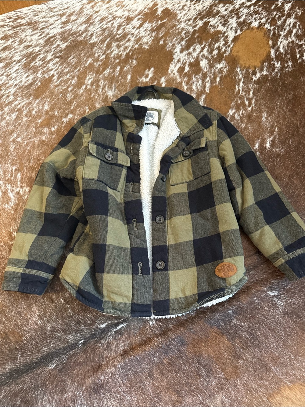Kids Sherpa-Lined Plaid Jean Jacket - Olive & Black